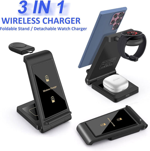 3 in 1 Wireless Charger DINTNCCM Fast Wireless Charging Stand Station Foldable for Samsung Galaxy S24 Ultra/S23+/S22/S21/S20/S10/S9, Galaxy Watch6...