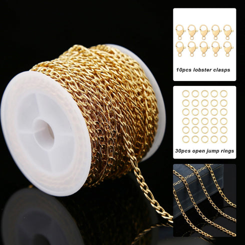 Shuaizhennuo Figaro Chain Link 32.8 Feet 304 Stainless Steel Bracelet Necklace Chain Spool in Bulk for DIY Men Women Jewelry Making with Lobster C...