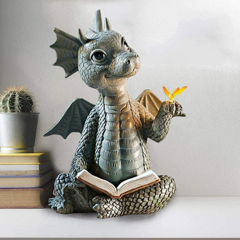 Baby Dragon Reading Book Statue, 5.9-Inch Tall Cute Dinosaur Holding Butterfly Figurines Art Resin Sculpture Outdoor Garden Decor Home Desk Orname...