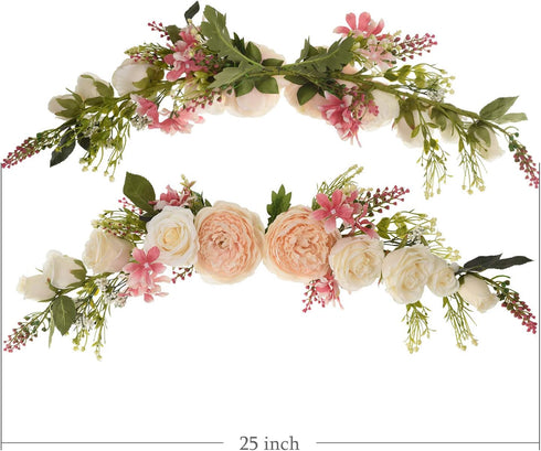 Lvydec Artificial Peony Flower Swag, 25 Inch Decorative Swag with Champagne Peony White Rose and Green Leaves for Wedding Arch Front Door Wall Dec...