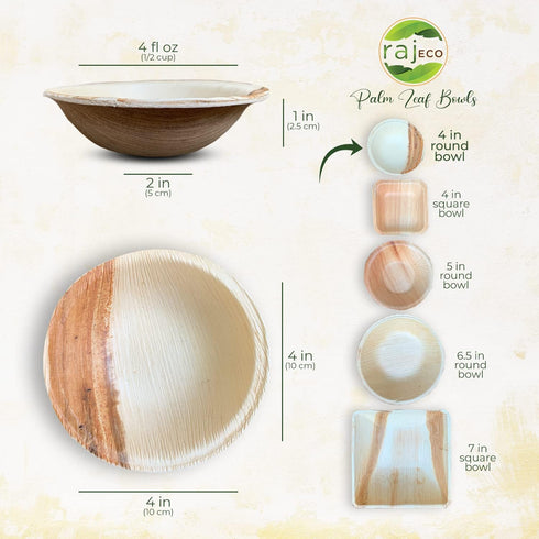Raj Disposable Palm Leaf Bowls (25 Count, 4" Bowls) Strong Bowls Like Bamboo Party Bowls - Decorative Compostable Tableware for Lunch, Dinner, Bir...