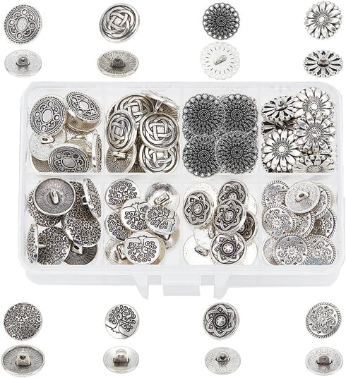 PH PandaHall 80pcs Metal Shank Buttons 8 Style Engraved Metal Buttons Antique Silver Metal Buttons with Shank Retro Alloy Buttons for Costumes Sew...