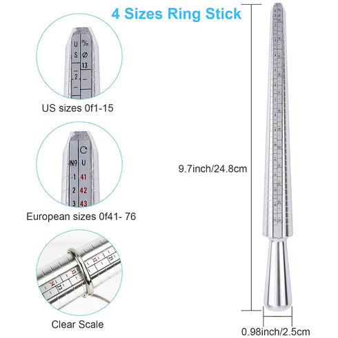 Ring Sizer Measuring Tool Set | 4-Size Aluminum Ring Mandrel, 27 PCS Metal Ring Measurement Tool, Gauge & Polishing Cloth, US Jewelry Sizing Kit f...