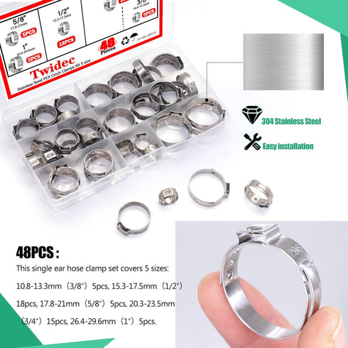 Twidec/48PCS 3/8",1/2",3/4",5/8",1" PEX Cinch Clamps Kit 5 size,Stainless Steel Pex Crimp Rings,Single Ear Hose Clamps For Pex Pipe Fitting Connec...