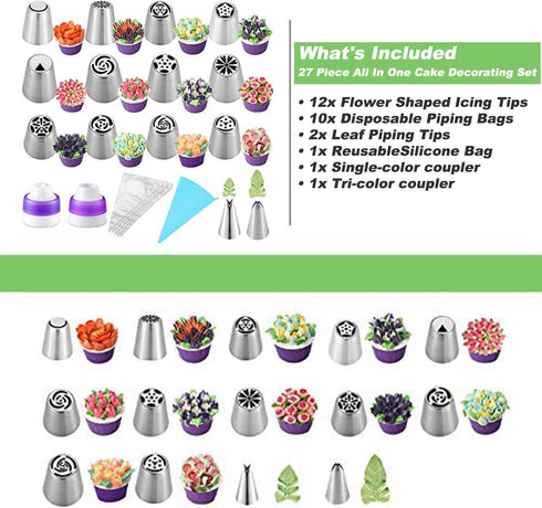 Suuker 27 Pcs Russian Piping Tips Set, Cake Decorating Tips Baking Supplies for Cupcake Cookies Birthday Party (12 Icing Tips 10 Pastry Baking Bag...