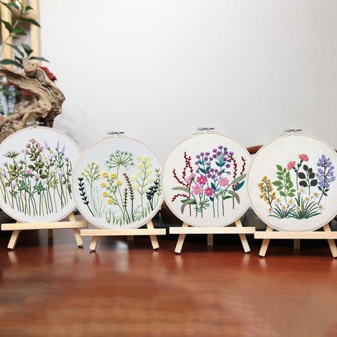 4 Set Embroidery Starter Kit for Beginners, Needlepoint Cross Stitch Kits with Pre-Stamped Flower, Instructions, Bamboo Hoops, Color Threads, Tool...