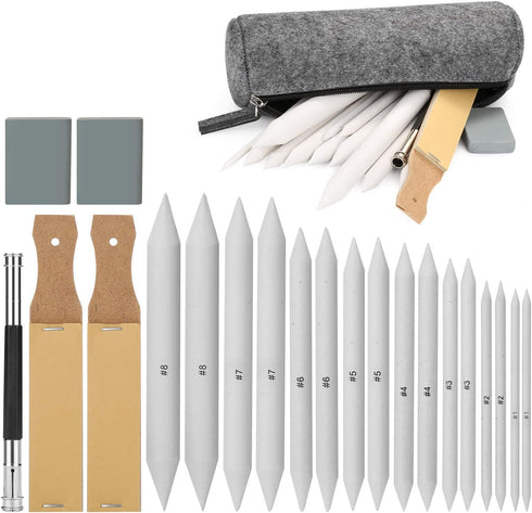 AGPTEK 22 PCS Sketch Drawing Tools, 16 Blending Stumps Set with 2 Sandpaper Pencil Sharpeners, 1 Pencil Extension Tool, 2 Erasers & 1 Felt Bag for...