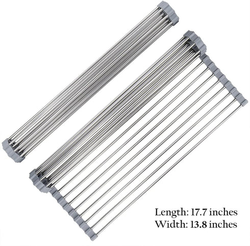 Roll-Up Sink Drying Rack 17.7"(L) x 13.8"(W) - Multipurpose Heat Resistant Over The Stainless Steel & Silicone Dish Rollable Kitchen Drainer, Gray...