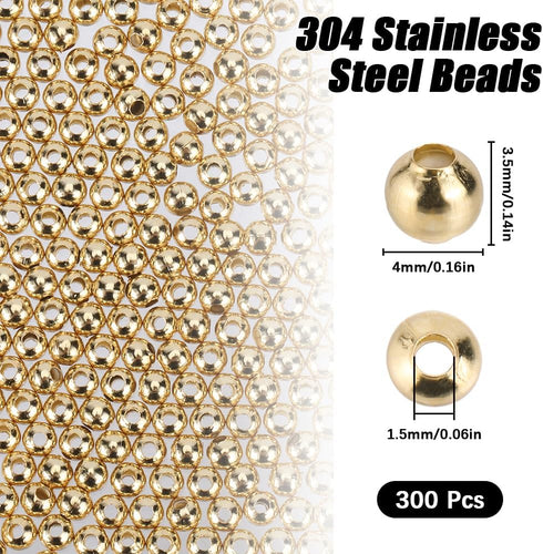 SUNNYCLUE 1 Box 300Pcs Gold Spacer Beads Bulk 4mm Stainless Steel Beads Mini Small Golden Bead Spacers Ball Bead Round Rondelle Seamed Metal Loose...