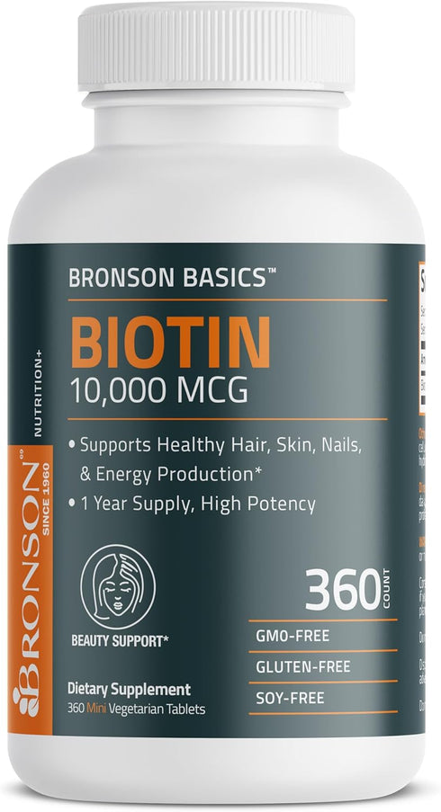 Bronson Biotin 10,000 MCG Supports Healthy Hair, Skin & Nails & Energy Production - High Potency Beauty Support - Non-GMO, 360 Vegetarian Tablets...