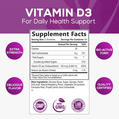 Vitamin D3 Gummies 5,000 IU 125 mcg - Extra Strength to Support Bone Health and Natural Immune Support - Delicious, Non-GMO, Tasty Gummy for Child...