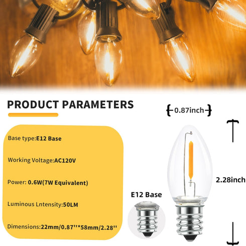 25 Pack LED C7 Light Bulbs - Clear Glass LED E12 LED Night Light Bulbs, 0.6W Equivalent to 7W, for Candles Chandeliers Replacement Bulbs & Christm...