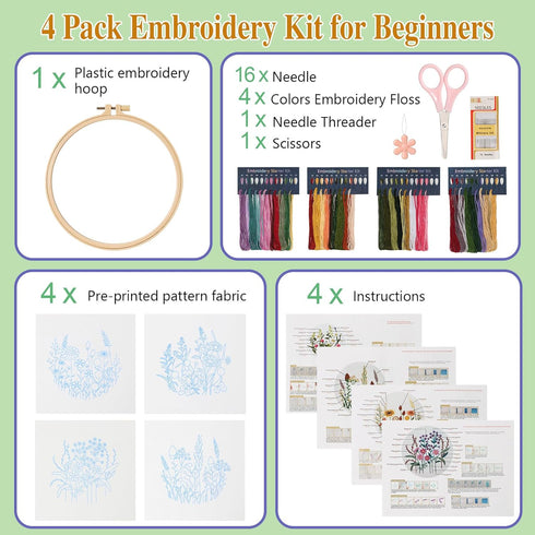Dremisland 4 Sets Embroidery Kit for Beginners Cross Stitch Kits for Adults with Cute Flowers and Plants Patterns Beginner Embroidery Kit for Adul...