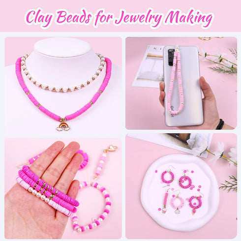 Wuollgess 3500 PCS Pink Clay Beads Kit for Bracelets Making, Polymer Heishi Beads for Jewelry Making, Friendship Bracelet Kit for Girls Adults, Sp...