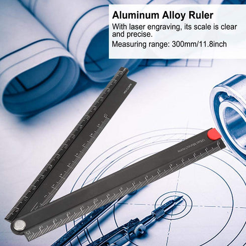 Folding Ruler, Aluminum Alloy Ruler 0-300mm Measurement Range Simple Angle Measurement Ruler 90°Folding Metal Stationery Ruler for Artists, Constr...