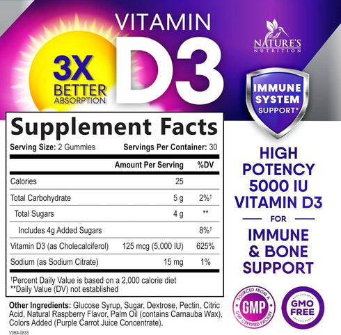 Vitamin D3 Gummy Vitamins Extra Strength 5000 IU (125 mcg) High Potency Vita D Gummies Dietary Supplement - Bone, Teeth, Muscle & Immune Support, ...