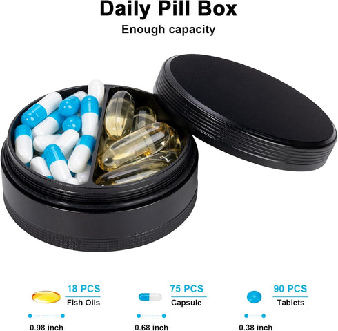 2 Compartment Metal Pill Box - Waterproof Aluminium Travel Pill Case Daily Purse Pocket Medicine Container, Portable Pill Organizer Holder for Med...