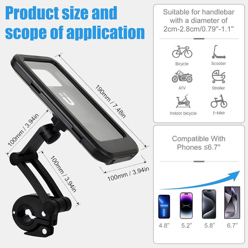 BOHISEN Motorcycle Phone Mount Waterproof Sensitive Touch Screen Hard Shell Phone Case Holder Anti-Theft Phone Holder with Aluminum Handlebar Moun...