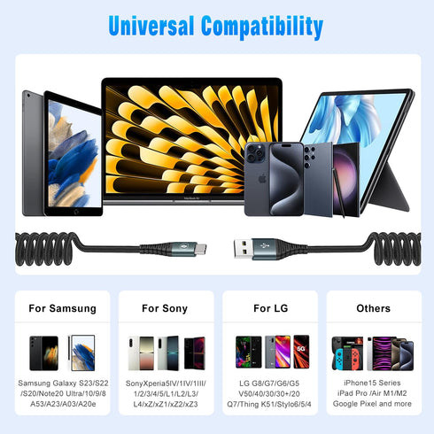 2 Pack 3FT USB C Charger Cable 60W Fast Charging, Coiled USB A to USB C Cable for Car Compatible with iPhone 15 Series, Samsung Galaxy S24 / S23 /...