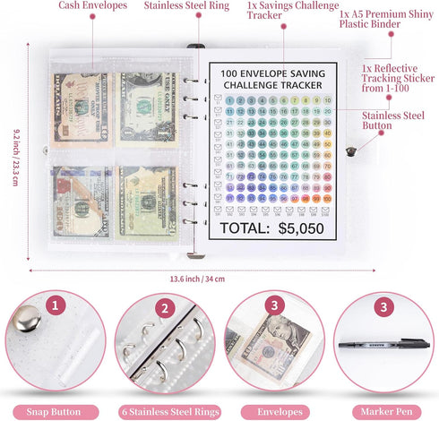 100 Envelopes Money Saving Challenge, 100 Envelope Challenge Binder, Money Saving Binder, Budget Book with Cash Envelopes to Save $5,050, Envelope...