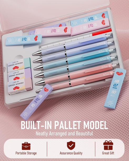 6PCS 0.7mm Mechanical Pencils Set Pastel Mechanical Pencils with 360PCS HB Lead Refills, 3 Erasers, 9 Erasers Refill Aesthetic School Supplies for...
