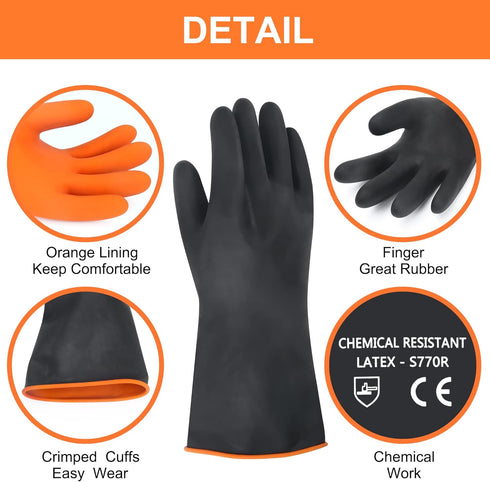 14" XL Size Latex Chemical Resistant Gloves, Reusable Heavy Duty Long Rubber Gloves Dishwashing Gloves, Industrial Safety Gloves for Men, Forearm ...