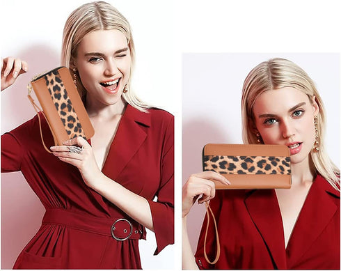 Leopard Print Wallet For Women Cheetah Wristlet Purse Zip Around Card Holder (Leopard&brown)...