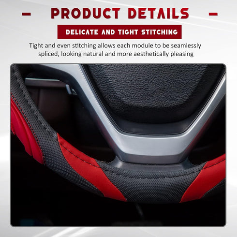 XCBYT Steering Wheel Cover - 14.5-15 Inch Car Microfiber Leather Steering Wheel Wrap Black Red Sports Fan Design Non-Slip for Man Women...