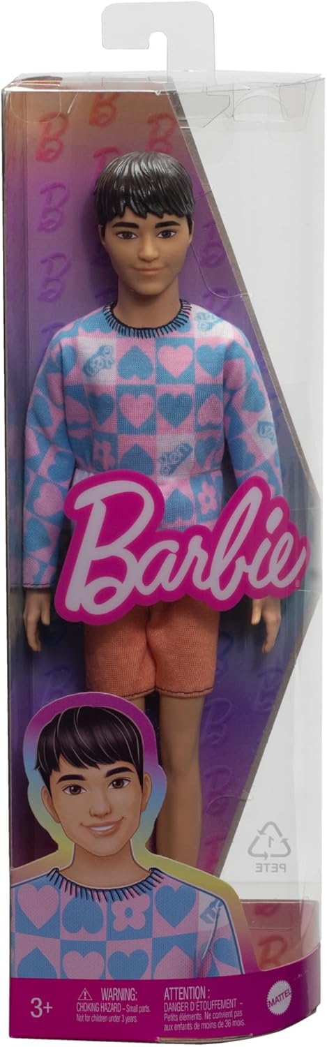 Barbie Fashionistas Ken Doll #219 with Slender Body Wearing a Removable Long-Sleeve Pink & Blue Patterned Shirt & Pink Shorts...