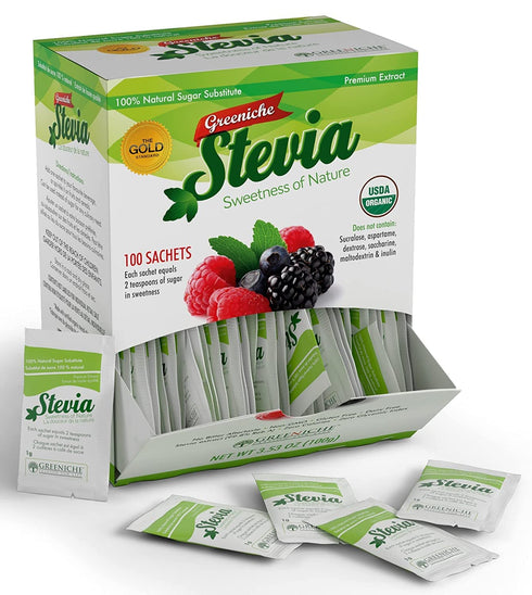 Greeniche Stevia 100 Sachets, Powdered Sweetener & Food Additive, A Completely Safe Sweetener Extracted from The Herb Stevia Rebaudiana, Sugar Sub...