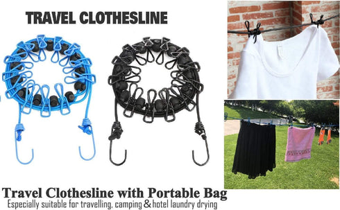 2 Pack Portable Clothesline with 12 Clothespins, Windproof Travel Stretchy Retractable Elastic Laundry Clothes Line for Backyard, Vacation Hotel, ...