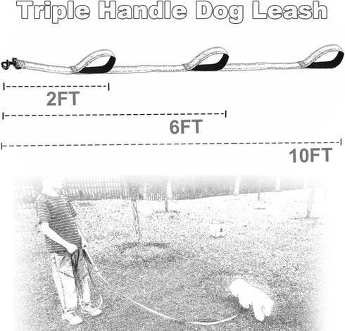 3 Handle Dog Leash, 10FT Triple Handle Dog Leash Reflective Stitching, Three Padded Traffic Handles, Heavy Duty Dog Leash, Training Dog Lead for C...
