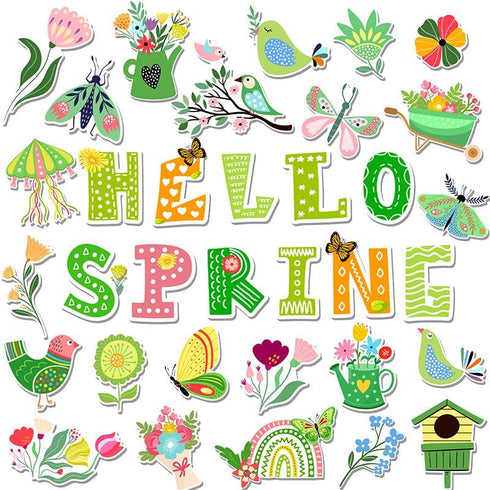 Konsait Hello Spring Bulletin Board Decorations Set, 34Pcs Spring Bulletin Board, Green Flowers Birds Butterfly Spring Cutouts for Classroom Home ...