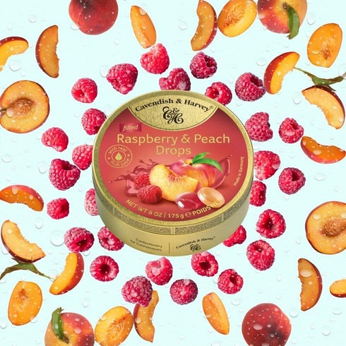 Cavendish & Harvey | Raspberry & Peach Filled Hard Candy Drops | 6 Ounce Tin...