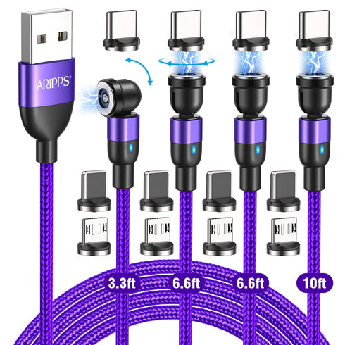 Magnetic Charging Cable 4 Pack (3.3ft/6.6ft/6.6ft/10ft), 540 Degree Rotating Magnetic Phone Charger Cable, 3 in 1 Nylon Magnetic USB Cable for Mic...