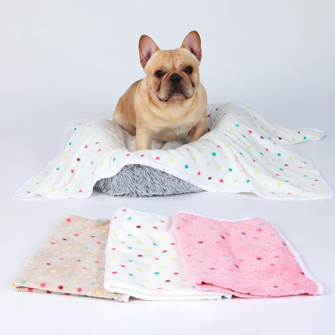 1 Pack 3 Blankets Super Soft Cute Dot Pattern Pet Blanket Flannel Throw for Dog Puppy Cat Beige/Brown/Pink Medium...