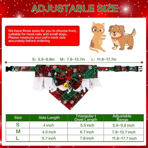 Christmas Pet Bandana with Bell and Pendant for Dogs and Cats, Festive Red and Green Plaid Snowflake Design, Adjustable Sizes for Most Pets, Durab...