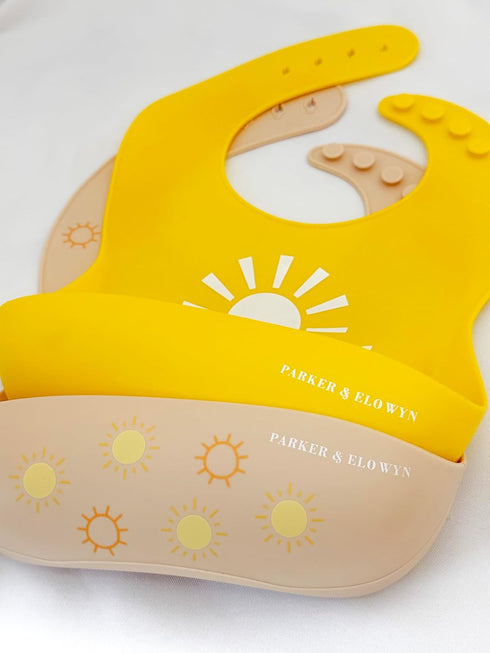 PARKER & ELOWYN Soft Waterproof Silicone Bib Set of 2, Unisex Baby Toddler, BPA free, Non-Toxic, Food Catcher, Easy Clean...