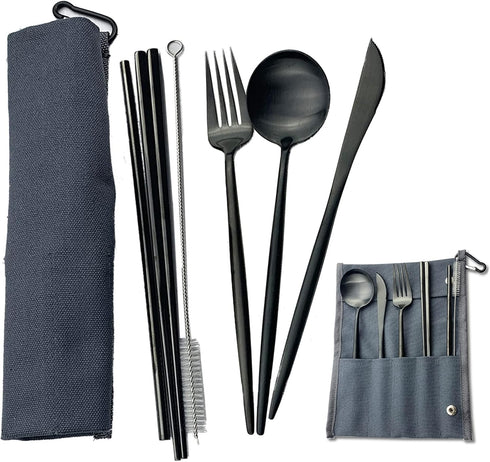 JASHII Portable Utensils, Travel Camping Cutlery Set, 7-Piece 304 Stainless Steel Flatware set including Knife Fork Spoon Chopsticks Cleaning Brus...