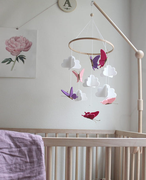 Baby Crib Mobile - Butterflies in The Clouds Nursery Crib Decoration for Girls & Boys - Pink & Purple...