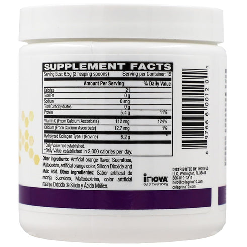 Colageina 10 Hydrolized Collagen Powder with Vitamin C, Anti-Aging, Orange Flavor, Water-Soluble, 3.5 Oz, Jar 3.5 Oz Powder, Jar...