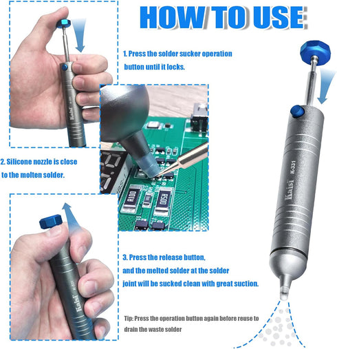 Kaisi Solder Sucker No Clog Desoldering Pump with Powerful Vacuum Suction Replaceable Heat Resistant Silicone Tube for Cooperate Soldering and Des...