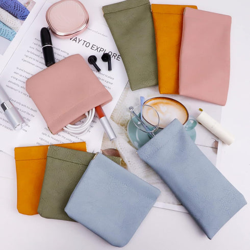 8 Pcs Small Makeup Bag for Purse, Waterproof Portable Pocket Cosmetic Bag with 7" Squeeze Top Glasses Case, No Zipper Self-closing Makeup Pouch Mi...