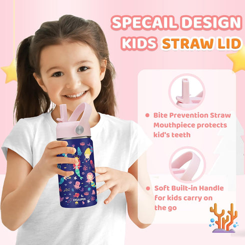 12 oz Kids Water Bottles for Girls - Insulated Water Bottle with Straw & Silicone Boot, BPA-Free Stainless Steel Hydro Cup Cute, Mermaid Toddler W...