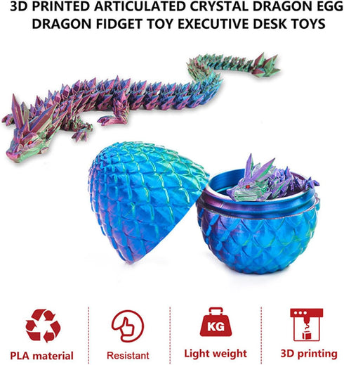 3D Printed Dragon Egg Toy 12" Crystal Articulated Dragon with Eyes Decor Collectible...