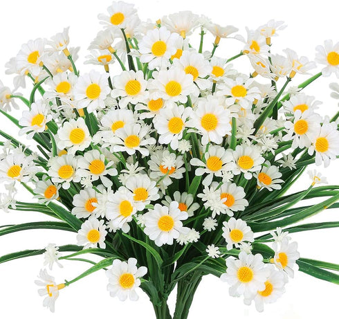 Artificial Daisies Flowers Outdoor UV Resistant 4 Bundles Fake Foliage Greenery Faux Plants Shrubs Plastic Bushes for Window Box Hanging Planter F...