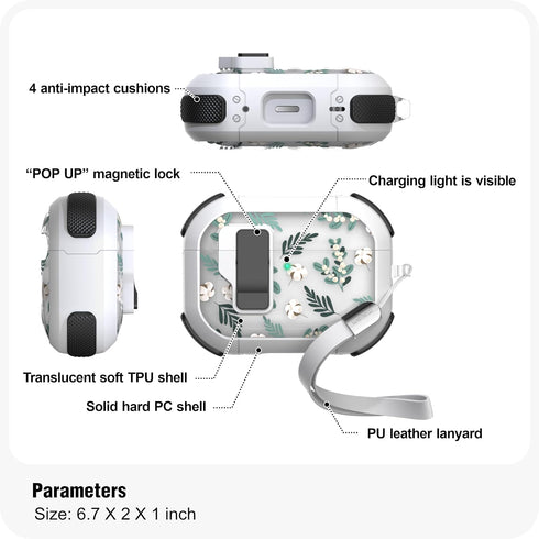 Case for AirPods Pro & Pro 2 Case Cover Secure Lock Automatic Snap Switch Clip Cleaner Kit Lanyard Women Stylish Leaf Full Body Hard Shell Front L...