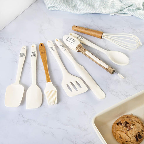 8 Piece MINI Silicone Kitchen Utensil Set- Kitchen Tools with Beechwood Handles by Cook with Color (White)...
