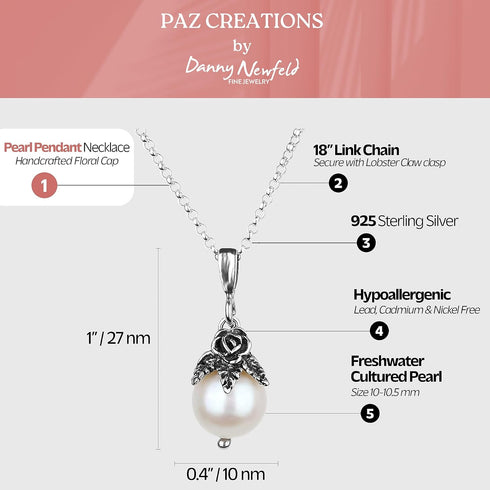 Paz Creations 925 Sterling Silver Pearl Pendant Necklace with Round Ball-Shape White Freshwater Pearl and Handcrafted Floral Cap - Natural Elegant...