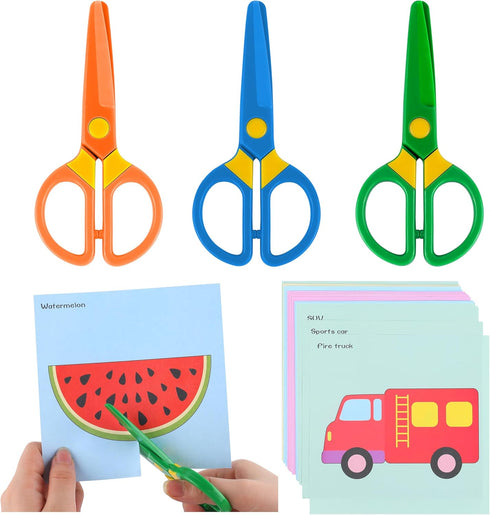 Kids Safety Scissors, Toddler Plastic Training Scissors, Children Preschool Craft Scissors?3 Pack?with 60 Colorful Paper Cutting...